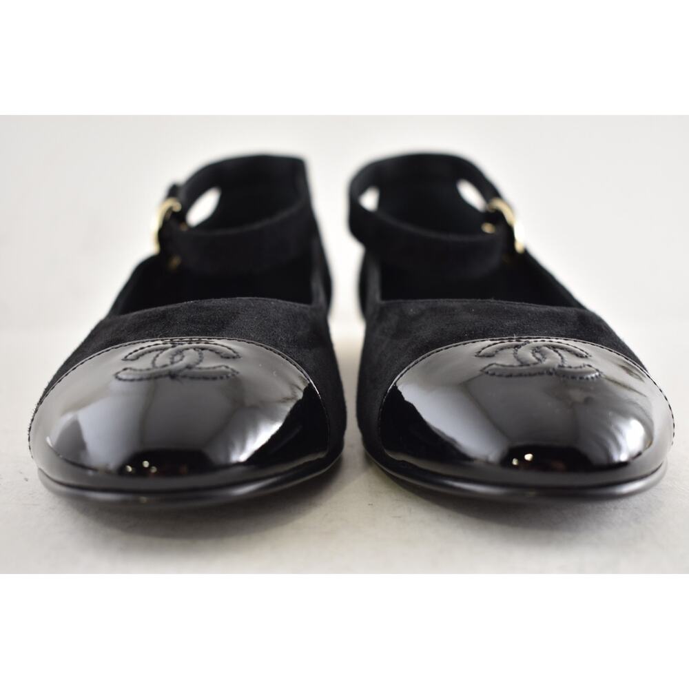 Chanel 24K Black Suede Patent CC Mary Jane Ankle Strap Ballerina Ballet Flat 40 - Picture 11 of 16
